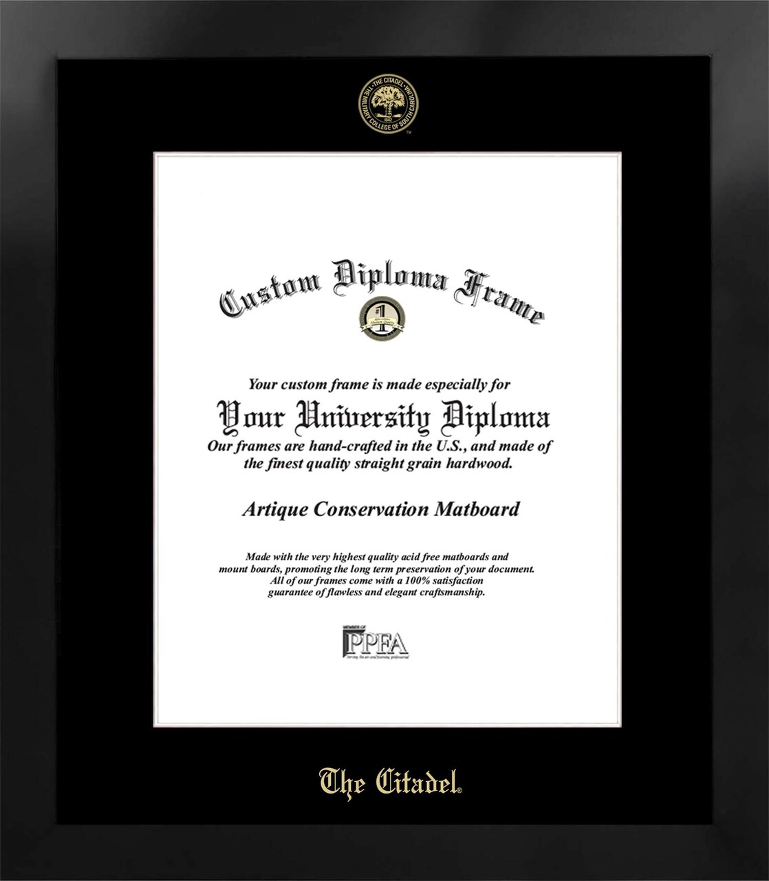 The Citadel 16w x 20h Manhattan Black Single Mat Gold Embossed Diploma Frame with Bonus Campus Images Lithograph (value savings at $59)